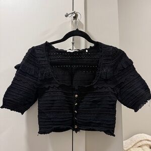Black Textured Cropped Button Top